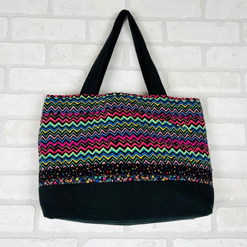 Handmade Quilted Tote Bag Neon Chevron Polka Dot Black Multi Color - needs mend